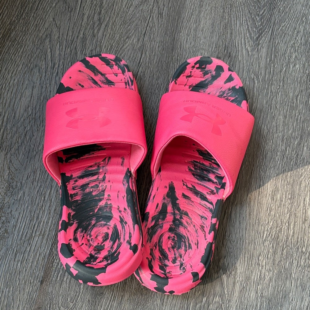 Under Armour Pink and Black Swirl Slide Sandals